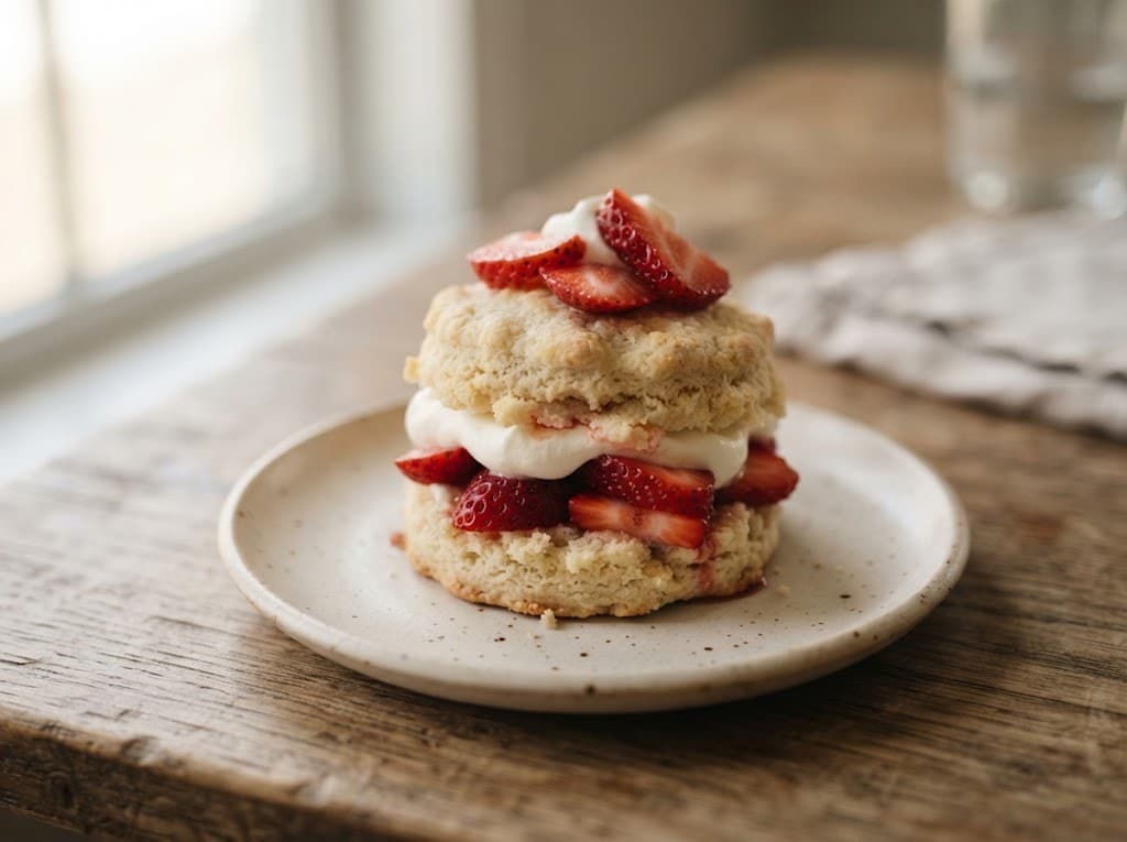 One homemade strawberry shortcake on a ceramic plate